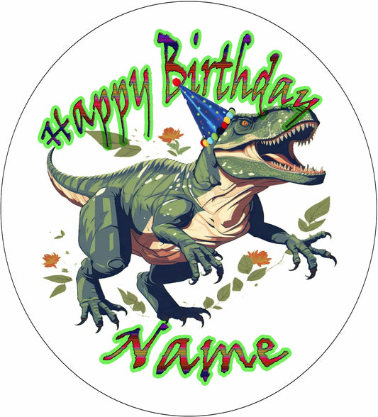 T-Rex dinosaur wearing a party hat on  edible icing images with 'Happy Birthday' text.