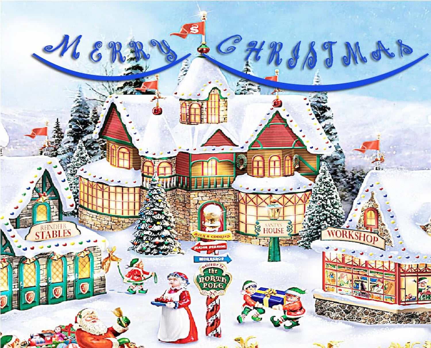 Edible Icing Images Sheet Cake Topper with Vibrant Santa Workshop Christmas 