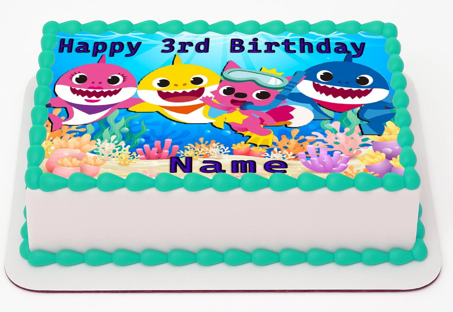 Baby Shark-themed birthday cake topper  with colorful characters and 'Happy Birthday' text by Edible Icing Images