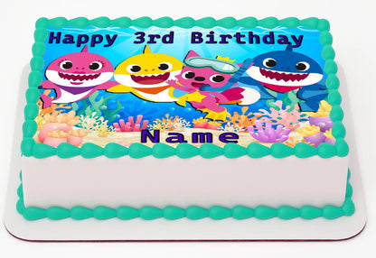 Baby Shark-themed birthday cake topper  with colorful characters and 'Happy Birthday' text by Edible Icing Images