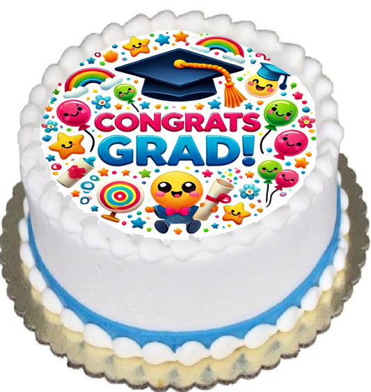 Custom Edible Cake Topper – Congrats Grad Graduation Design – Pre-cut 8" Round Icing Sheet – RA Pape