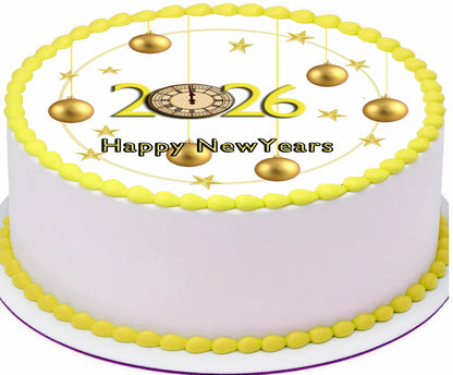Edible Icing Images Cake Topper New Year Golden Balls -themed.