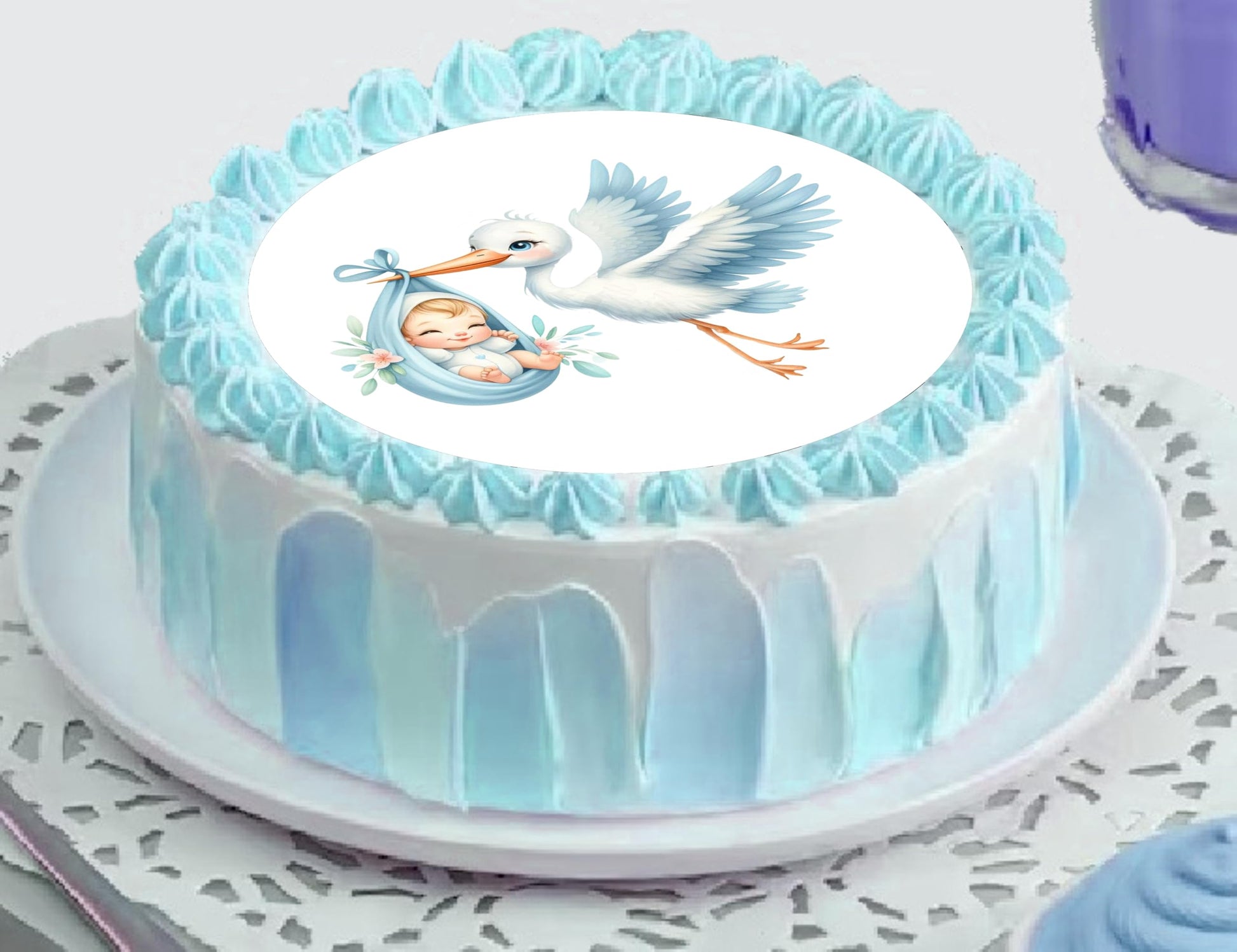Edible Icing Images Cake Topper Stork Baby Boy Arrival Baby Shower-Announcement-Gender Reveal-themed.