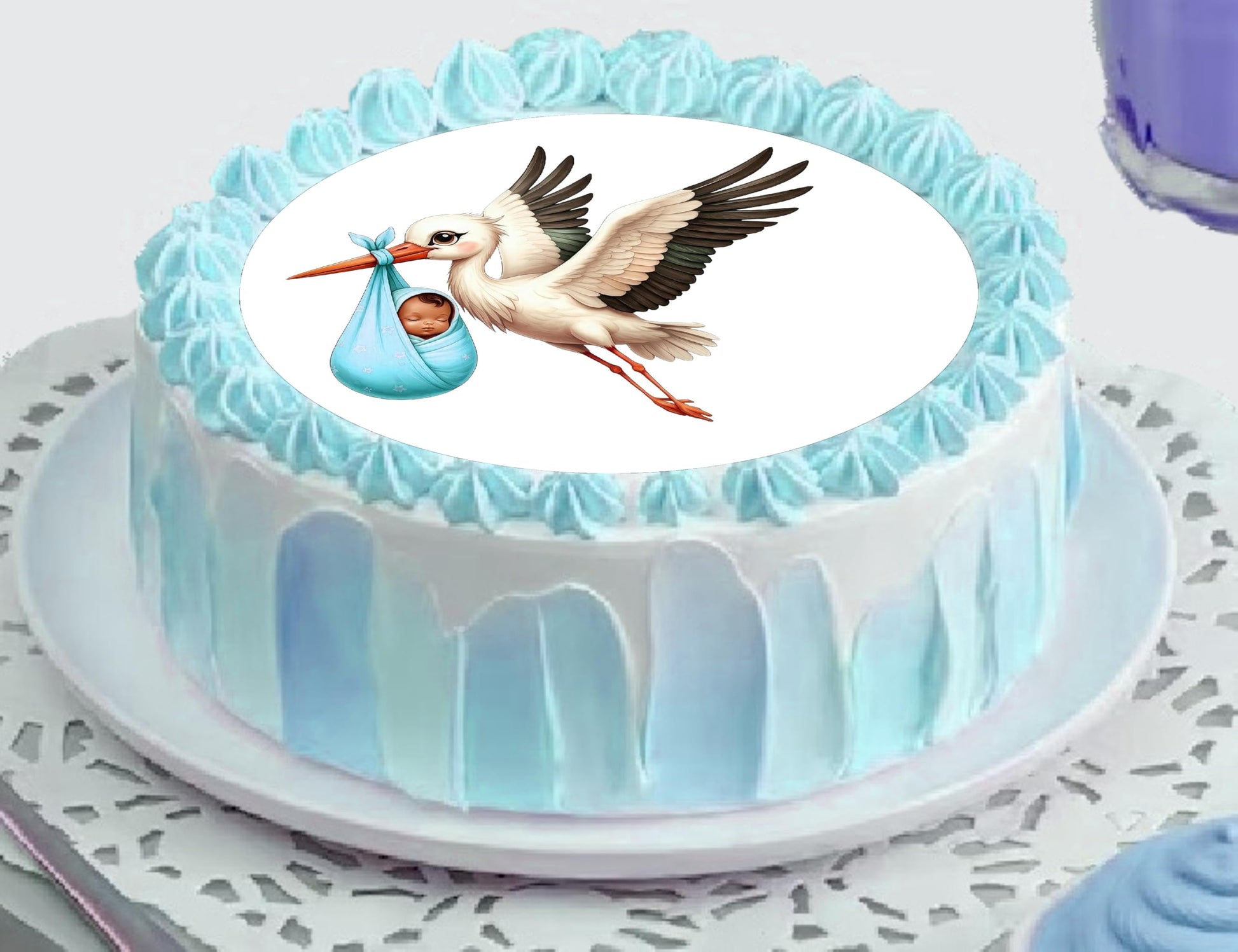 Edible Icing Images Cake Topper Stork Baby Boy Baby Shower-Announcement-Gender Reveal-themed.