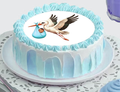 Edible Icing Images Cake Topper Stork Baby Boy Baby Shower-Announcement-Gender Reveal-themed.