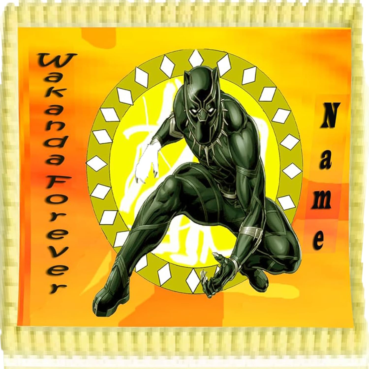 Edible Icing Images Sheet Cake Topper with 'Wakanda Forever & Name' Personalized text and Black Panther-themed characters.