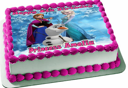 Edible Icing Images Sheet Cake Topper with 'Happy 6th Birthday Princess Amelia' Personalied text and Frozen-themed characters.