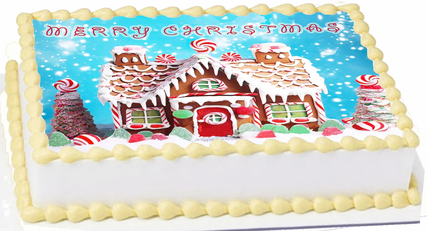 Edible Icing Images Sheet Cake Topper Christmas Gingerbread House-themed.