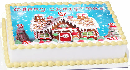 Edible Icing Images Sheet Cake Topper Christmas Gingerbread House-themed.