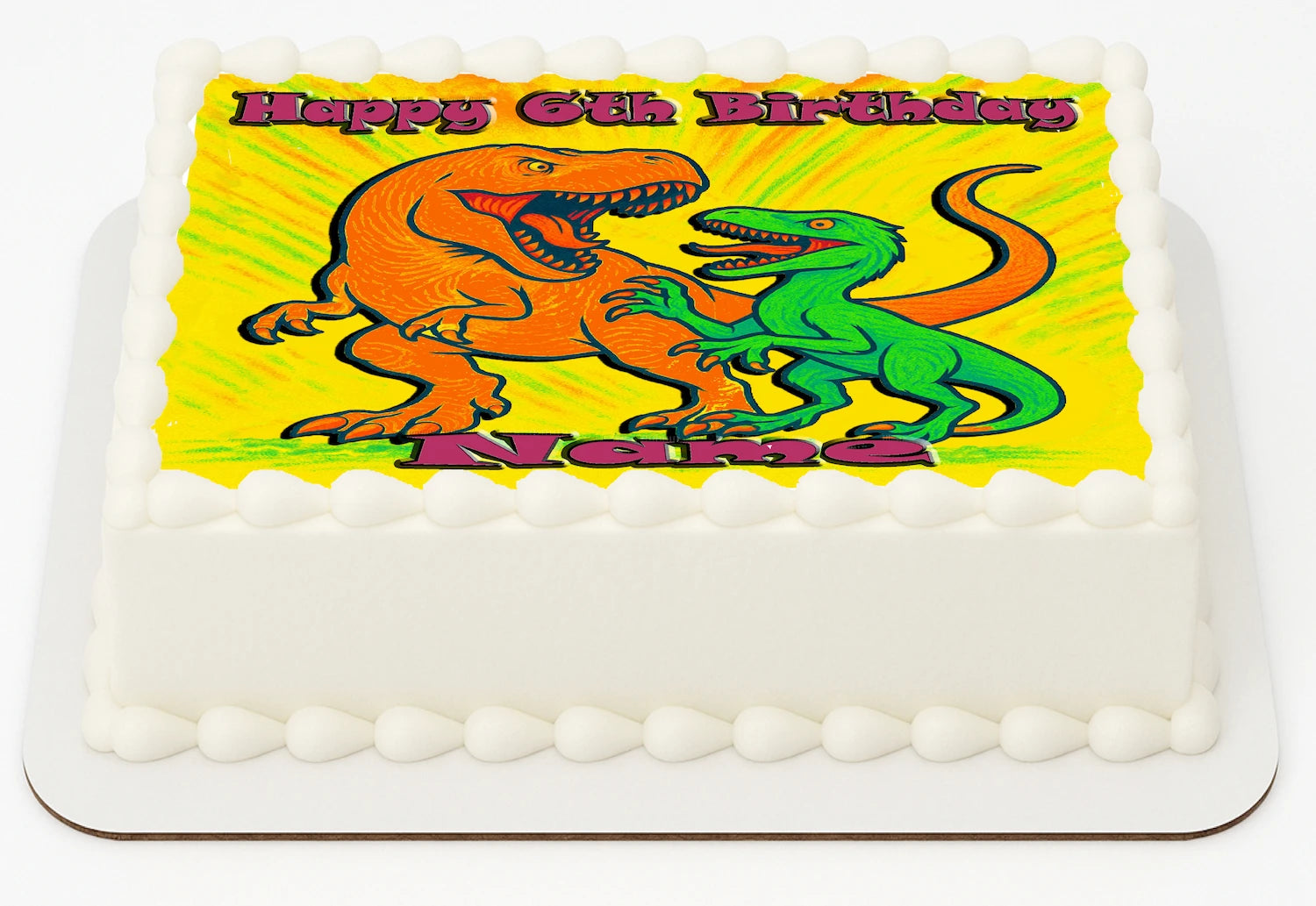 Edibe Icing Imaage Birthday cake Topper with dinosaur design and 'Happy 6th Birthday' text all Personalized