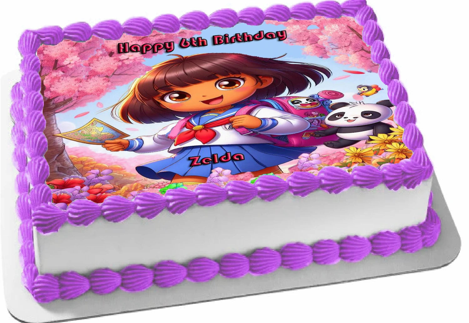Dora Cartoon character with a panda and cherry blossoms, celebrating a happy birthday with age and name personalized.