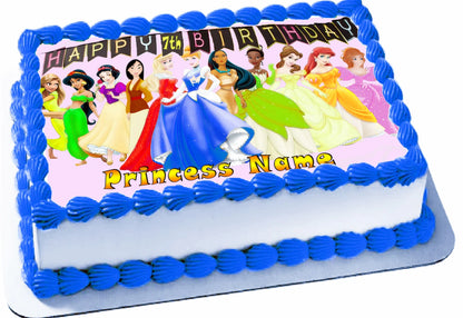 Edible Icing Images Sheet Cake Topper with 'Happy Birthday & Name' Personalized text and Happy Birthday Princess-themed characters.