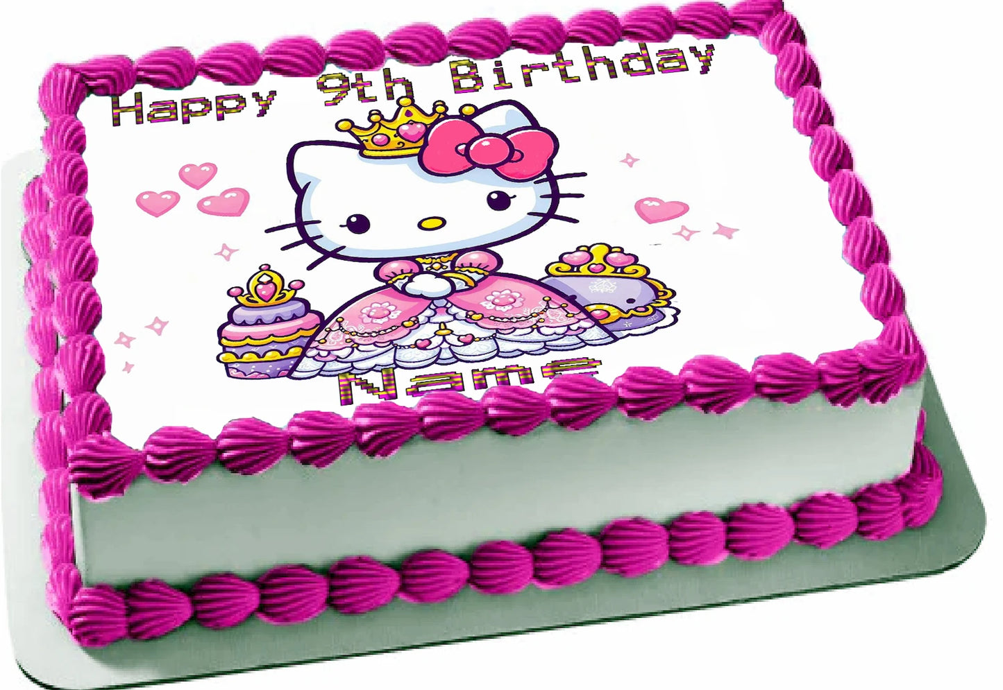 Edible Icing Images Sheet Cake Topper with 'Happy 9th Birthday Name' Personalied text and Hello Kitty Kat-themed characters.