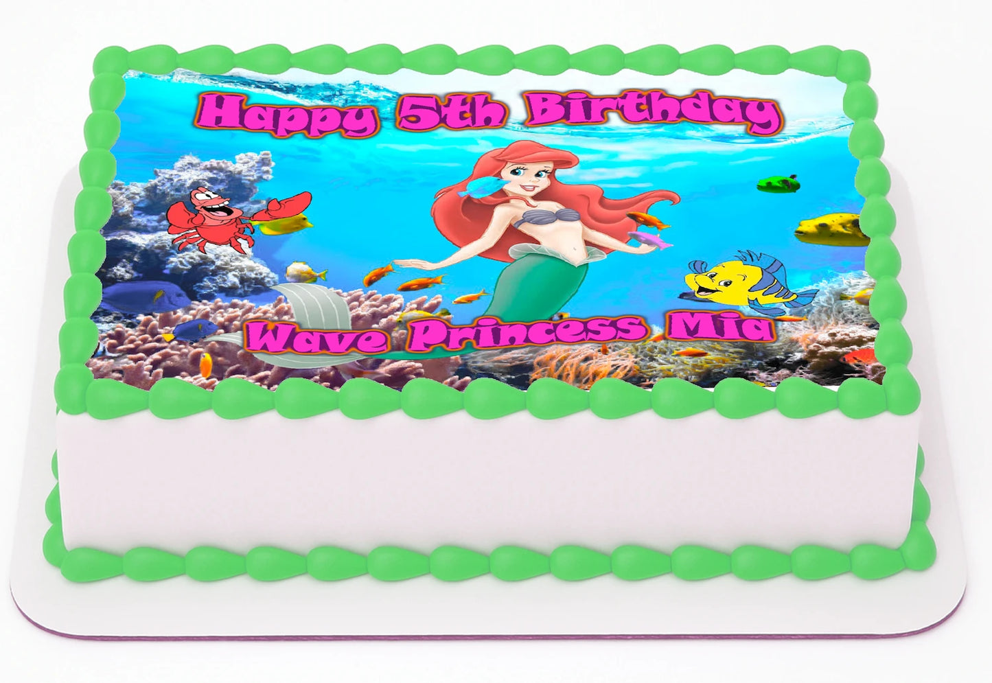 Edible Image Sheet Cake Topper with Meermaid cartoon characters on a beach  and  Customized 'Happy 6th Birthday Barney'  and Name text.