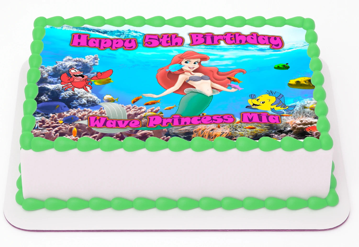Edible Image Sheet Cake Topper with Meermaid cartoon characters on a beach  and  Customized 'Happy 6th Birthday Barney'  and Name text.