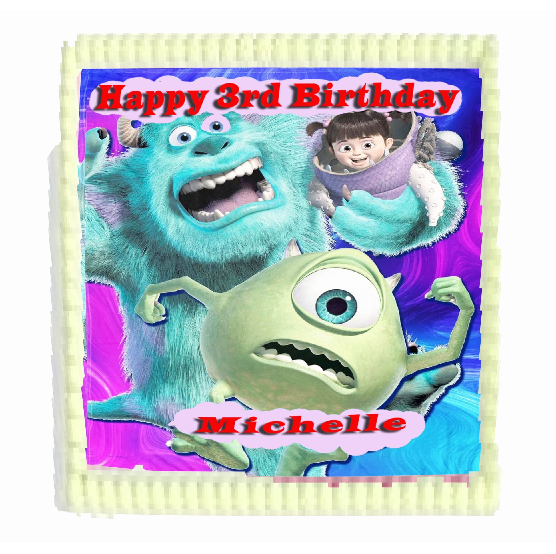 Edible Icing Images Sheet Cake Topper with 'Happy Birthday & Name' Personalized text and Monsters In party mode-themed characters.