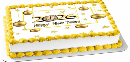 Edible Icing Images Sheet Cake Topper New Year Golden Balls-themed.