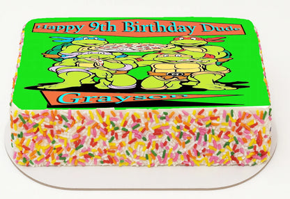 Edible Icing Images Sheet Cake Topper with 'Happy Birthday & Name' Personalized text and Ninja Turtle-themed characters.