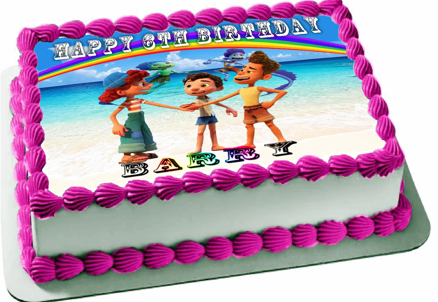 Edible Icing Images Sheet Cake Topper with 'Happy Birthday & Name' Personalied text and Party with Luca-themed characters.