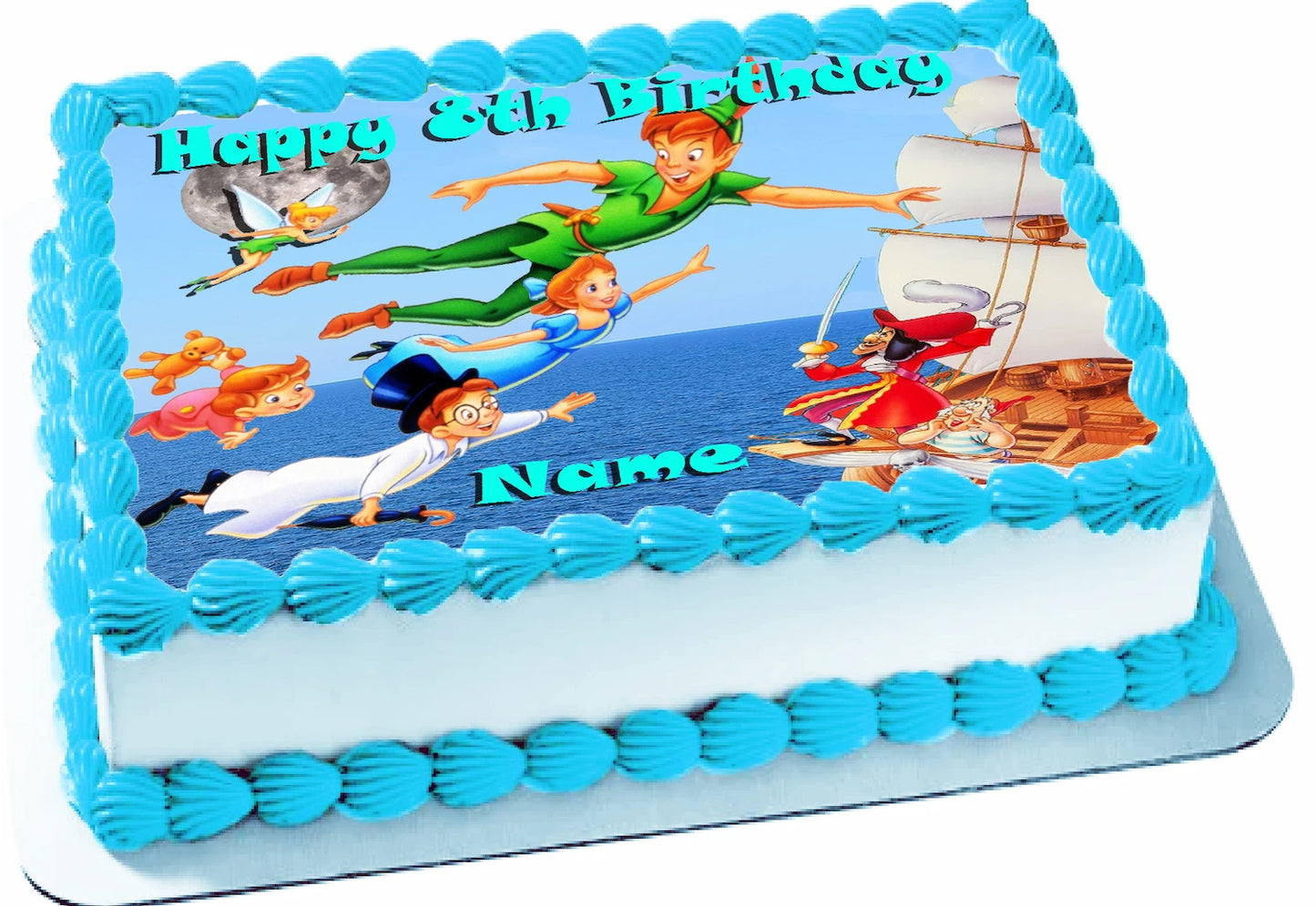 Edible Icing Images Sheet Cake Topper with 'Happy Birthday & Name' Personalized text and Peter Pan and Wendy-themed characters.