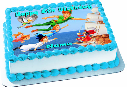 Edible Icing Images Sheet Cake Topper with 'Happy Birthday & Name' Personalized text and Peter Pan and Wendy-themed characters.