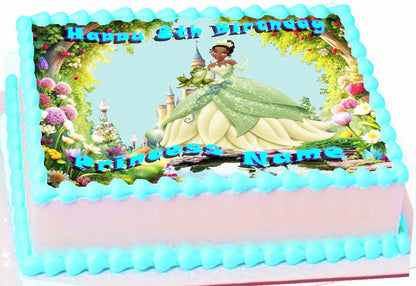 Edible Icing Images Sheet Cake Topper with 'Happy Birthday & Name' Personalized text and Princess And Frog-themed characters.