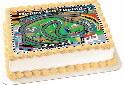 Edible Icing Images Sheet Cake Topper with 'Happy Birthday & Name' Personalized text and Race Track-themed.