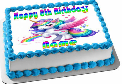 Edible Icing Images Sheet Cake Topper with 'Happy Birthday & Name' Personalied text and Party with Unicorn-themed characters.