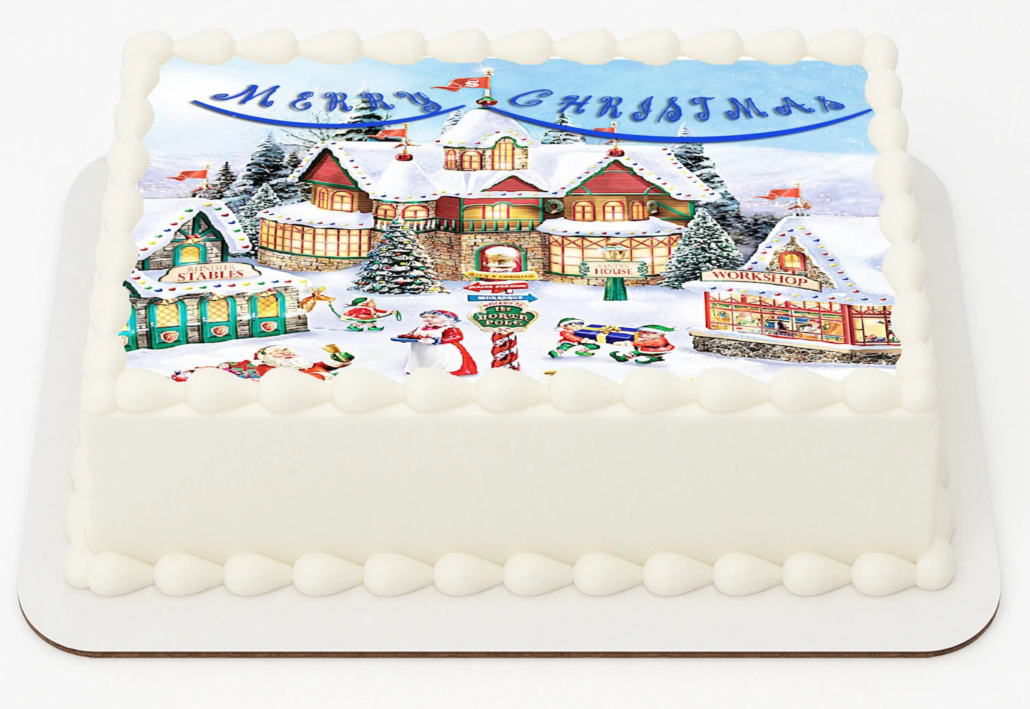 Edible Icing Images Sheet Cake Topper Vibrant Santa Workshop Christmas-themed.