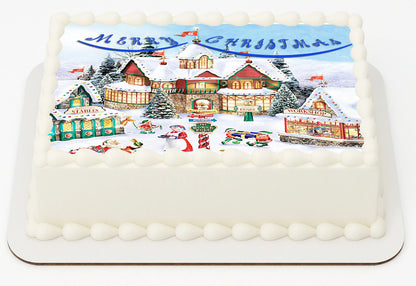 Edible Icing Images Sheet Cake Topper Vibrant Santa Workshop Christmas-themed.