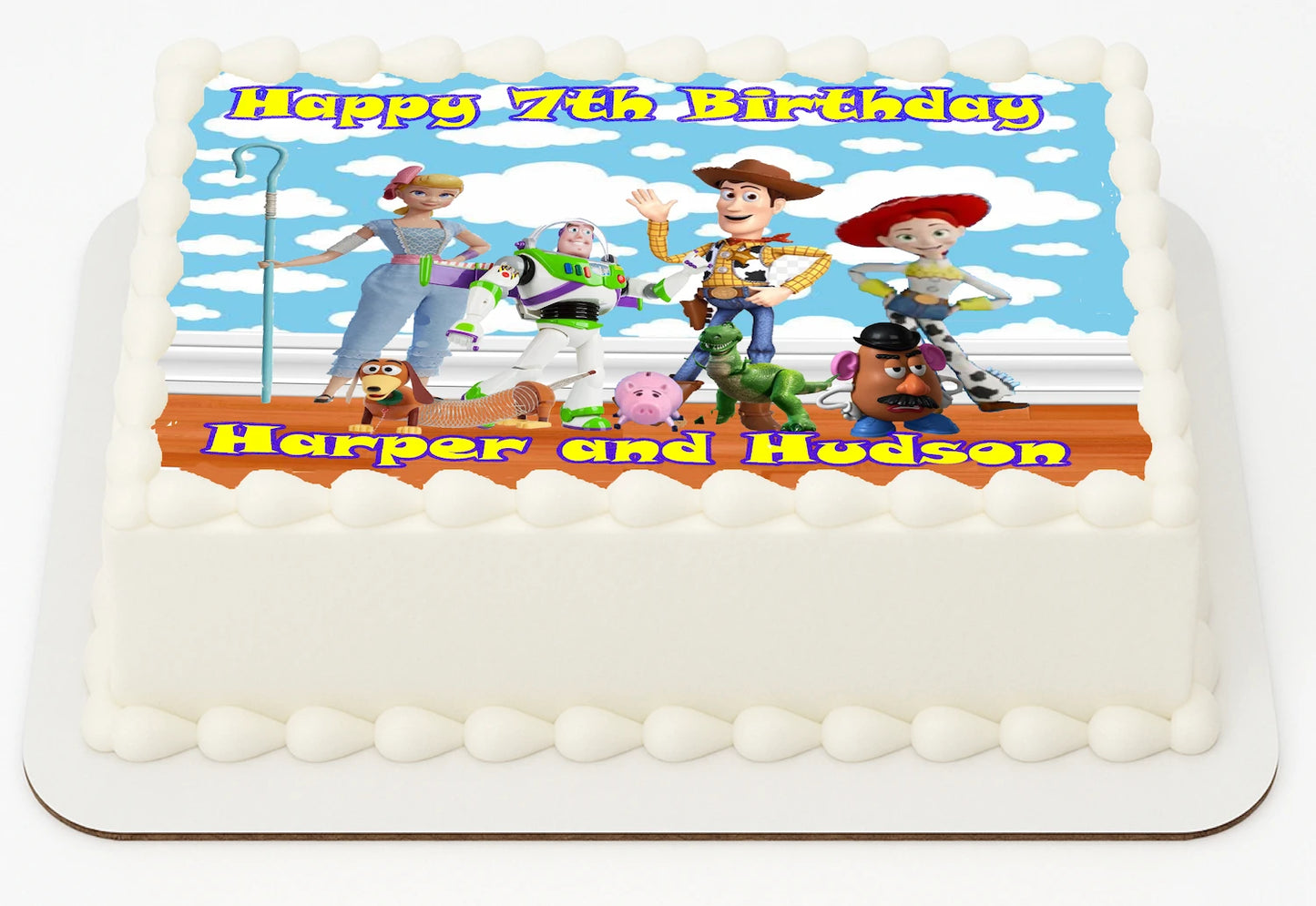 Edible Icing Images Sheet Cake Topper with 'Happy Birthday & Name' Personalized text Toy Story-themed.