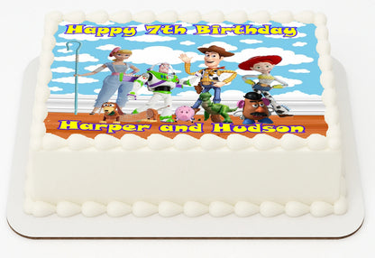 Edible Icing Images Sheet Cake Topper with 'Happy Birthday & Name' Personalized text Toy Story-themed.