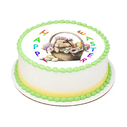 Edible Icing Images Cake Topper with Easter Bunny in a Basket