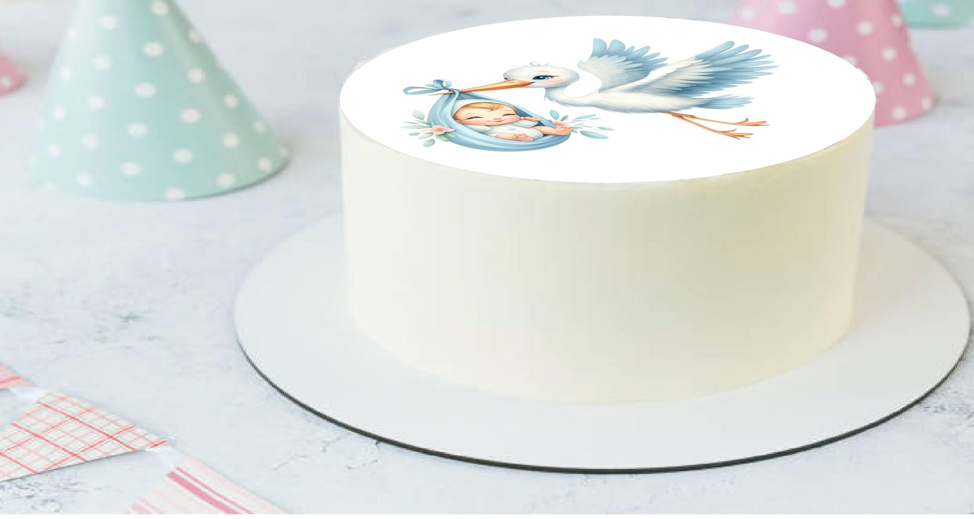 Edible Icing Images Cake Topper with Stork Baby Boy Arrival Baby Shower-Announcement-Gender Reveal 