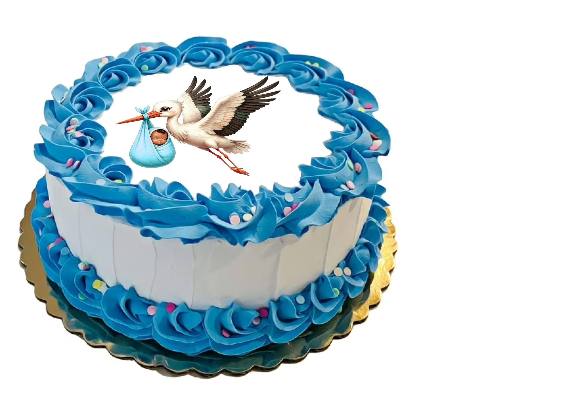 Edible Icing Images Cake Topper with Stork Baby Boy Baby Shower-Announcement-Gender Reveal in a Basket
