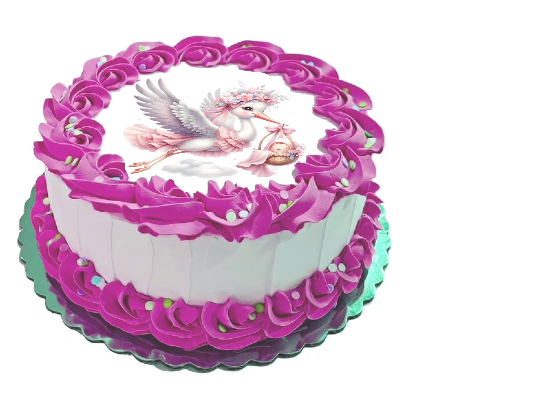Edible Icing Images Cake Topper with  Stork baby Girl Arrival Announcement
