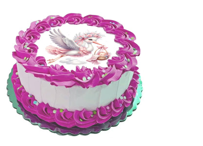 Edible Icing Images Cake Topper with  Stork baby Girl Arrival Announcement