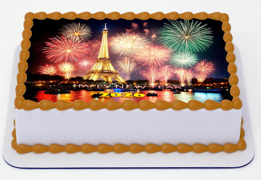 Custom Edible Cake Topper – Eiffel Tower New Year Design – 1/4 Sheet Cake (9x13) – Precut Icing Sheet – RA Pape