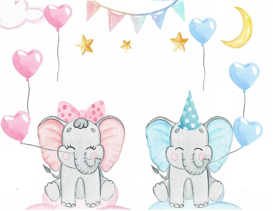 Two cartoon baby elephants with balloons and party hats on a edible icing image cake topper.