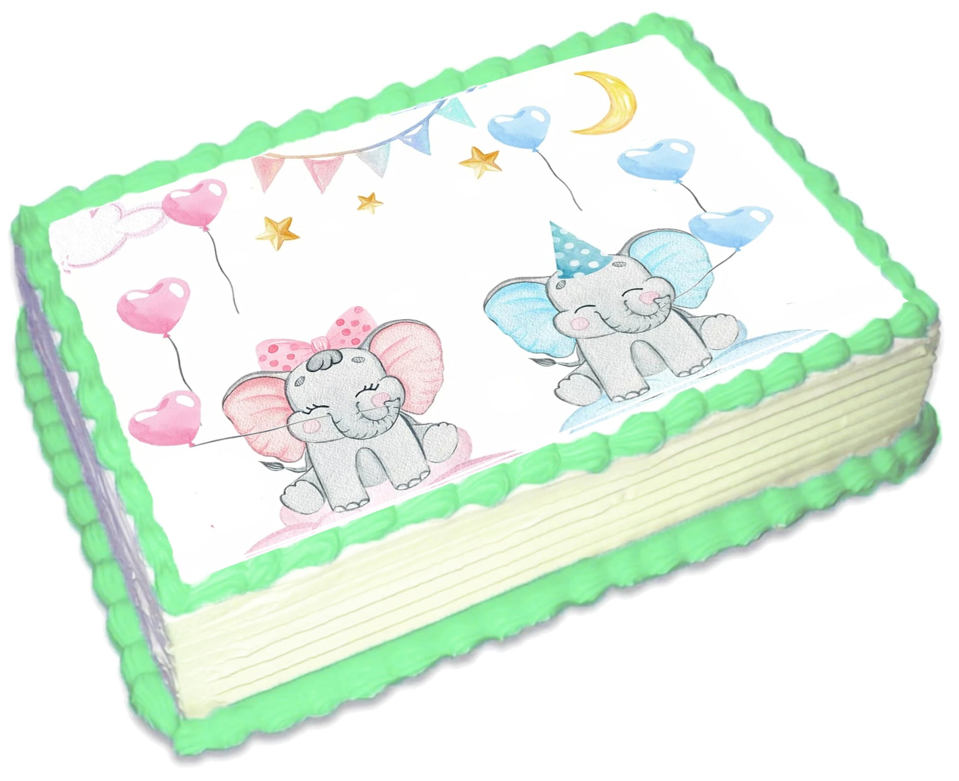Decorative cake topper with elephant designs and colorful elements on a edible image.