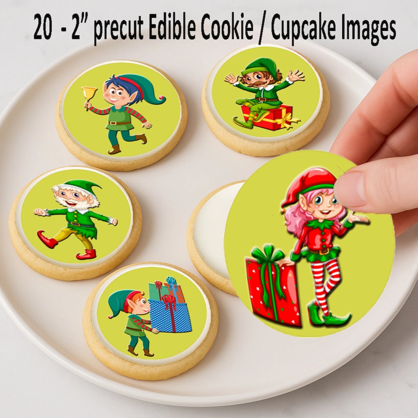 Custom Edible Cake Topper – Elf Christmas  Design – Icing Sheet Cookie & Cupcake Images –20 Pre-cut 2” Round– RA Pape