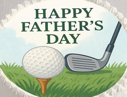 Custom Edible Cake Topper – Fathers Day Golf Tee Time Design – Pre-cut 8" Round Icing Sheet – RA Pape