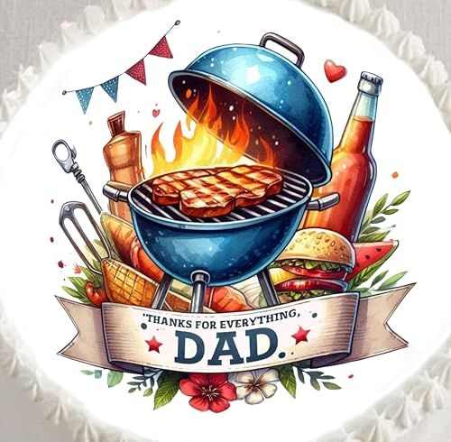 Custom Edible Cake Topper – Fathers Day Grill Dad Design – Pre-cut 8" Round Icing Sheet – RA Pape