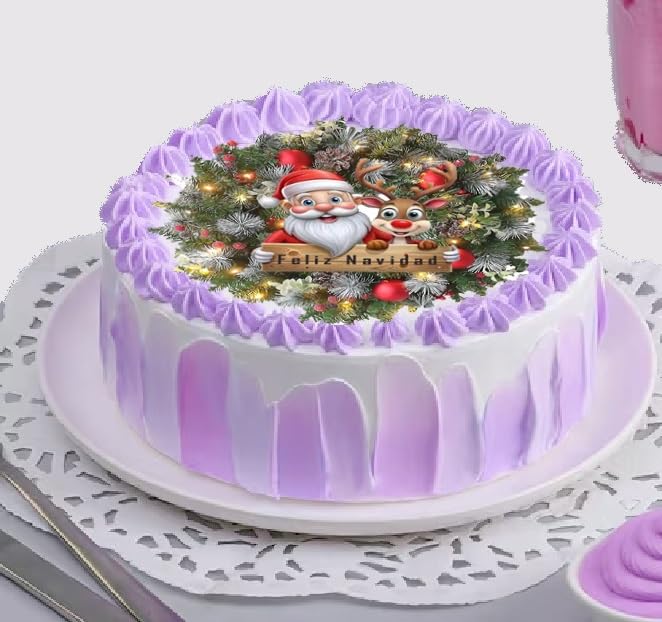 Decorative cake with purple frosting and Christmas-themed design on a white plate.