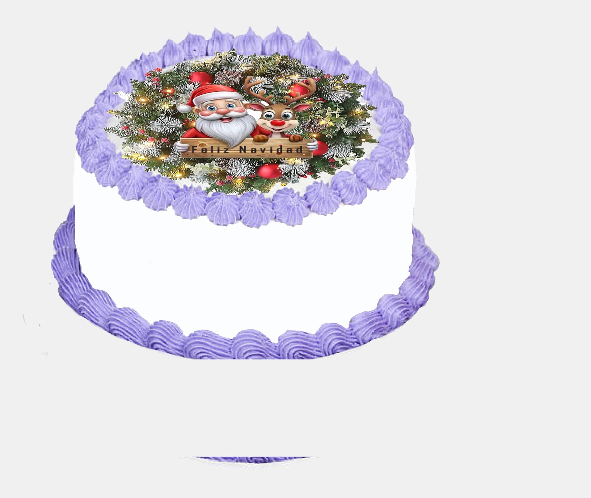 Decorative cake with Christmas-themed design featuring Santa Claus and reindeer on a white background