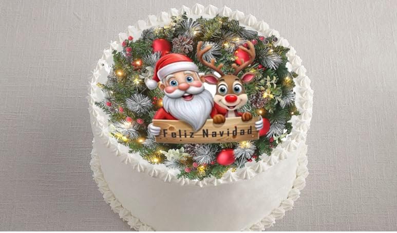 Christmas-themed cake with Santa Claus and reindeer decorations on a gray background
