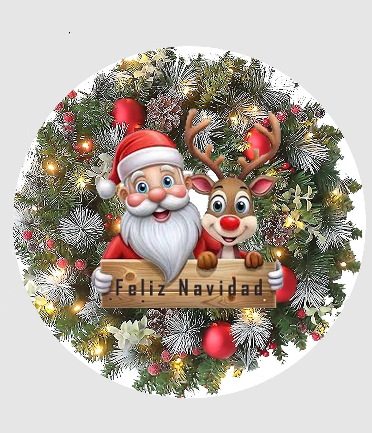 Christmas wreath with Santa Claus and reindeer holding a 'Feliz Navidad' sign.