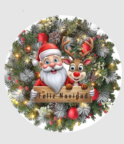 Christmas wreath with Santa Claus and reindeer holding a 'Feliz Navidad' sign.