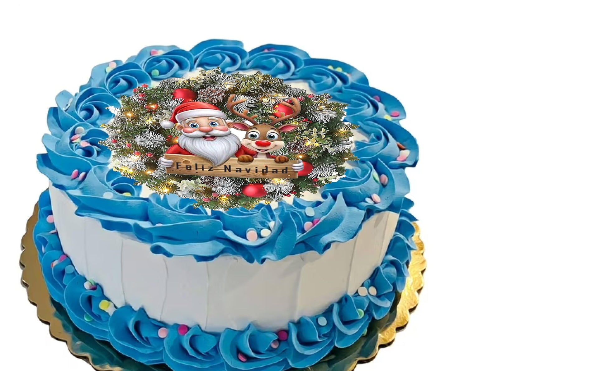 Decorative cake with blue frosting and a Christmas scene featuring Santa Claus.