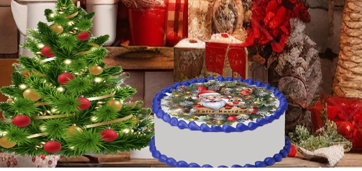 Christmas-themed cake with Santa Claus decoration next to a decorated Christmas tree.